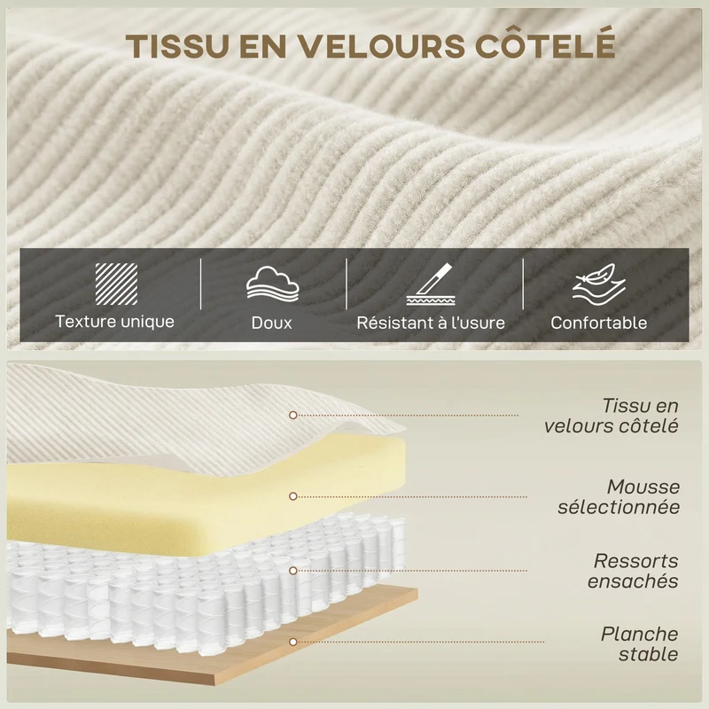 Canapé 3 places salon 218 x 79 x 91 cm ressorts ensachés mousse dense accoudoirs larges moderne en velours côtelé beige 21_0003667
