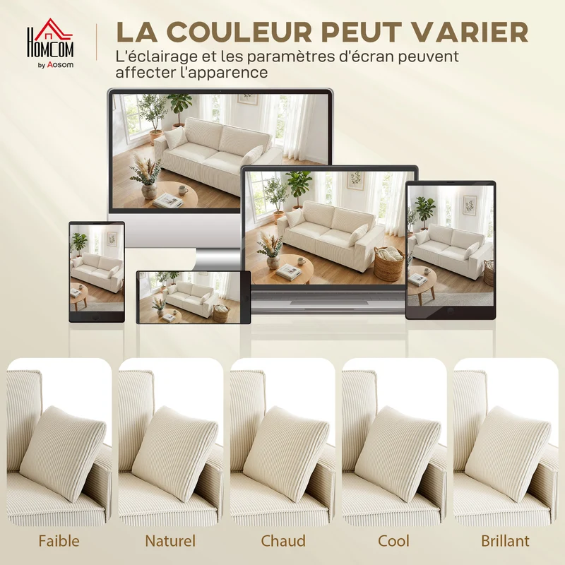 Canapé 3 places salon 218 x 79 x 91 cm ressorts ensachés mousse dense accoudoirs larges moderne en velours côtelé beige 21_0003667