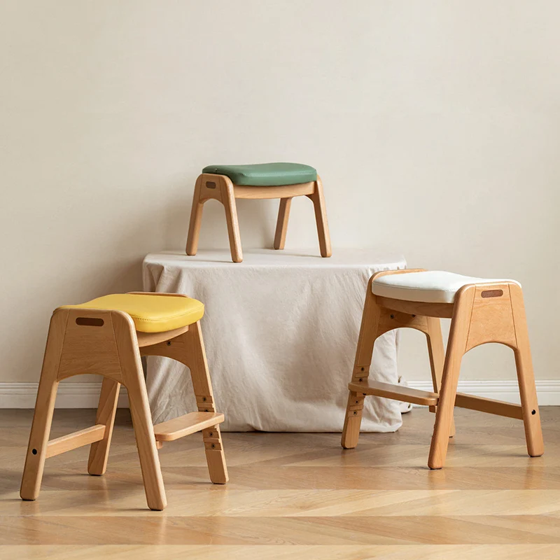 Traditional Japanese Trapezoid Beech Pine Wood PU Leather Adjustable Kids Low Stool For Living Room