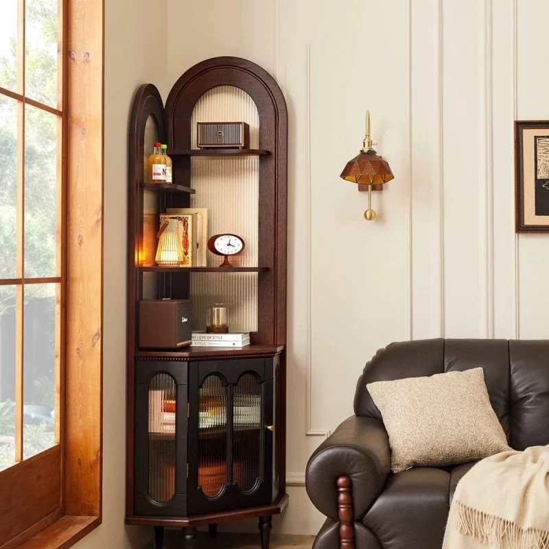Traditional Vintage Oval Arched Rectangular Solid Pine Wood Glass Corner Shelf Unit 1-Cabinet 6-Tier For Living Room