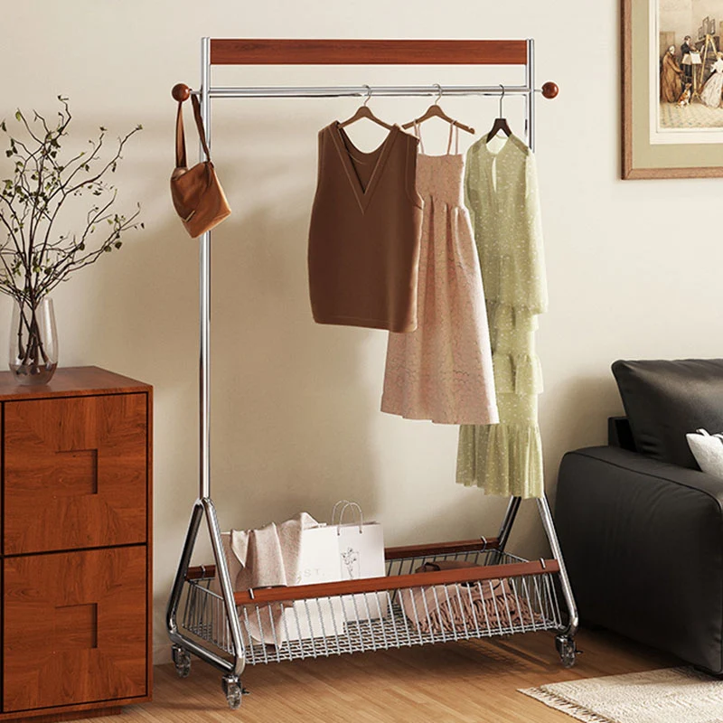 Traditional French Movable Carbon Steel Rubberwood Rectangular Hall Tree 1-Storage Basket For Bedroom