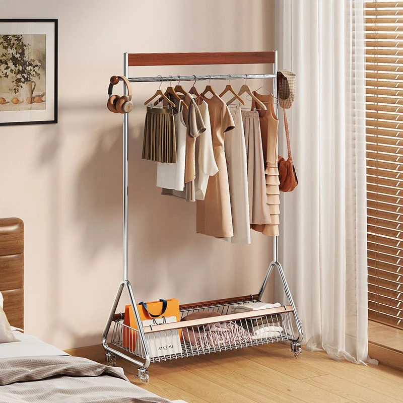 Traditional French Movable Carbon Steel Rubberwood Rectangular Hall Tree 1-Storage Basket For Bedroom