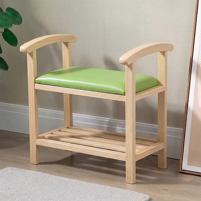 Traditional Japanese Rectangular Rubberwood Solid Wood Plywood PU Leather Shoe Bench Backless Armrest For Entryway & Hallway
