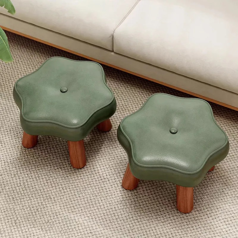 Contemporary Nordic PU Leather Pine Wood Flower-Shaped Low Stool For Living Room