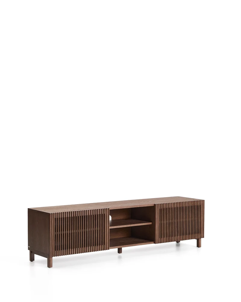 Beyla TV stand with 2 doors in ash veneer and solid ash wood with walnut-tone finish 180 x 49.5 cm FSC 100%