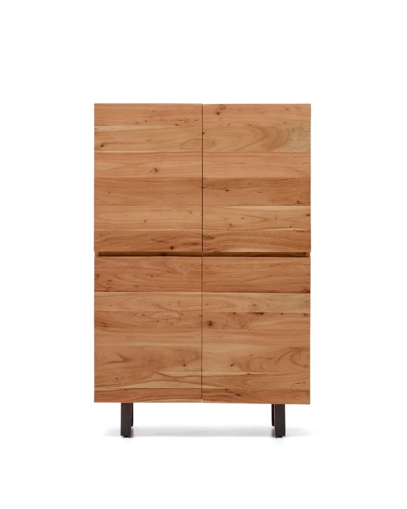 Uxue 4-door tall sideboard in solid acacia wood with bleached finish and black steel 100 x 155cm