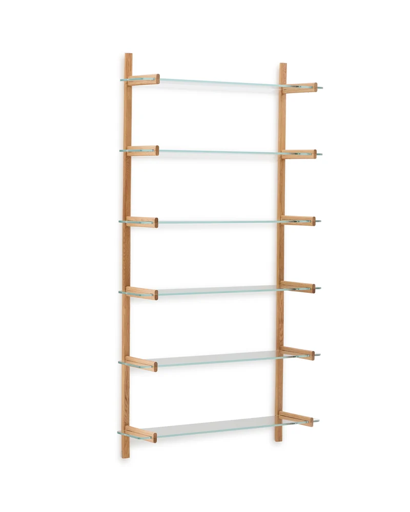 Sitra modular shelf, 6 glass shelves and FSC Mix Credit solid oak wood, 110 cm