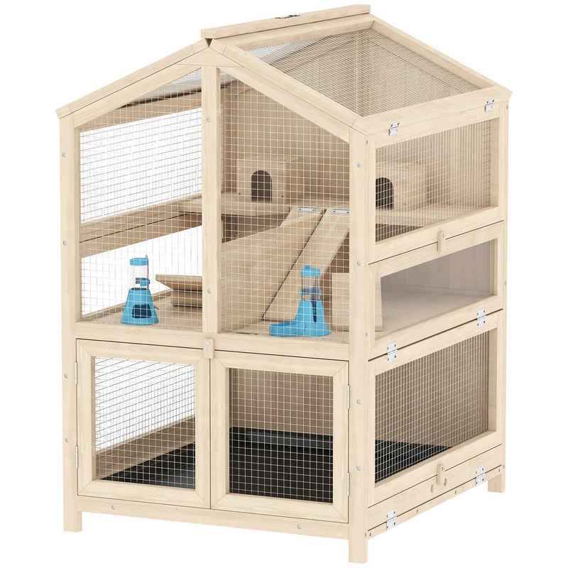 Cage pour hamster 3 étages 68 x 61.5 x 90 cm tiroir coulissant nettoyage facile scandinave minimaliste en bois naturel 21_0008030