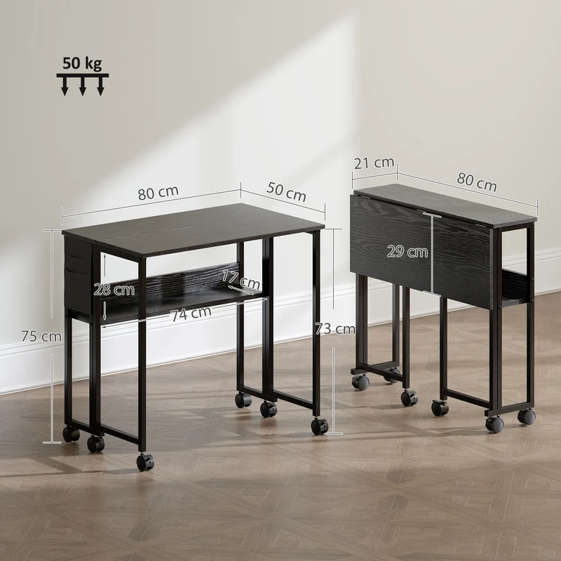 Bureau pliable sur roulettes 80 x 50 x 75 cm gain de place mobile avec étagère et sac de rangement moderne en MDF noir 21_0002532