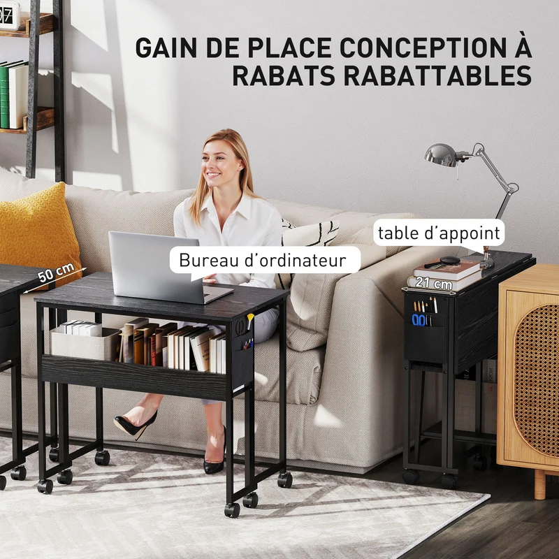 Bureau pliable sur roulettes 80 x 50 x 75 cm gain de place mobile avec étagère et sac de rangement moderne en MDF noir 21_0002532