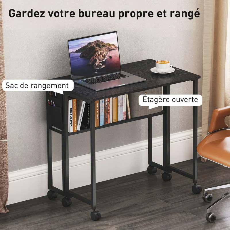 Bureau pliable sur roulettes 80 x 50 x 75 cm gain de place mobile avec étagère et sac de rangement moderne en MDF noir 21_0002532