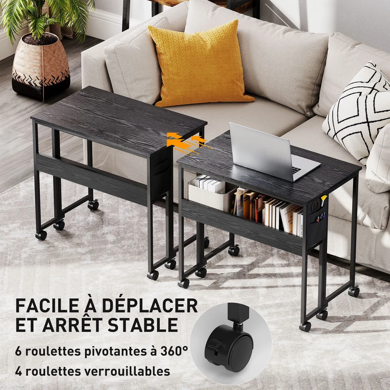 Bureau pliable sur roulettes 80 x 50 x 75 cm gain de place mobile avec étagère et sac de rangement moderne en MDF noir 21_0002532