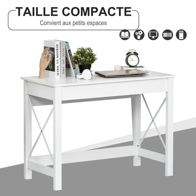 Bureau informatique pour étude 105 x 50 x 76 cm grand plan et stable moderne et épuré en panneau de particules blanc 21_0002459