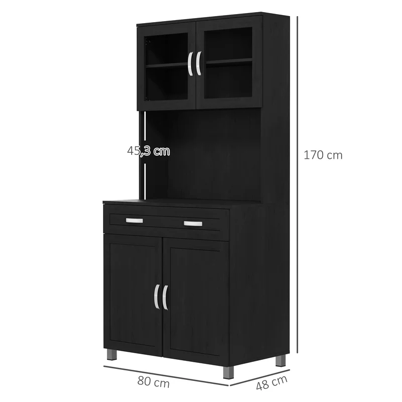 Buffet haut de cuisine 80 x 48 x 170 cm étagères réglables plan de travail spacieux style classique moderne en MDF noir 21_0002196