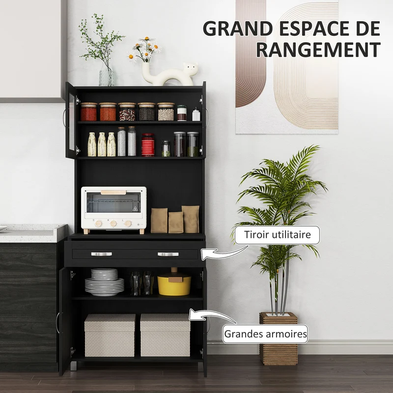 Buffet haut de cuisine 80 x 48 x 170 cm étagères réglables plan de travail spacieux style classique moderne en MDF noir 21_0002196