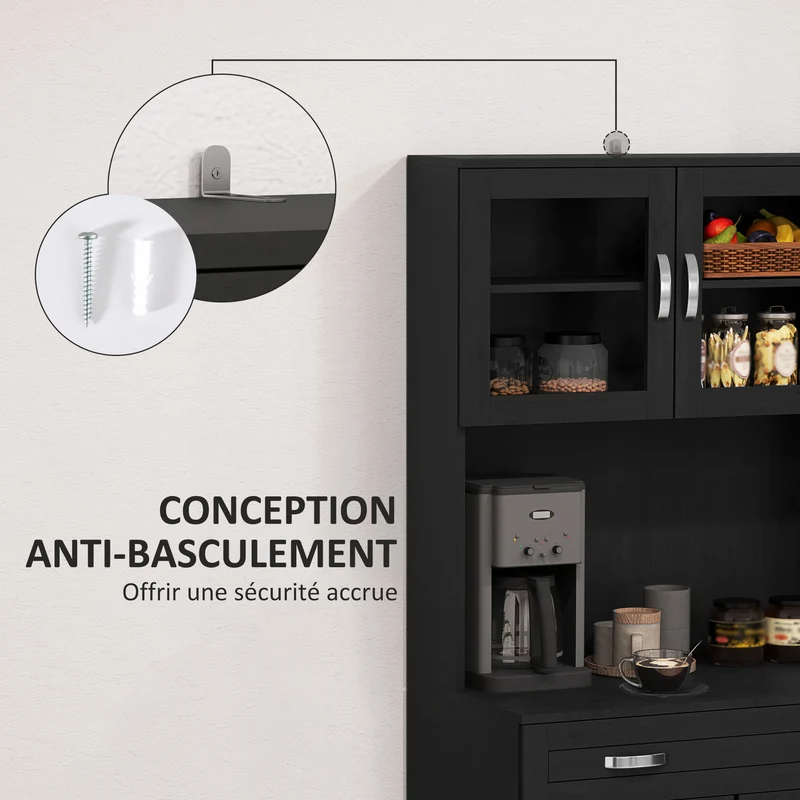 Buffet haut de cuisine 80 x 48 x 170 cm étagères réglables plan de travail spacieux style classique moderne en MDF noir 21_0002196
