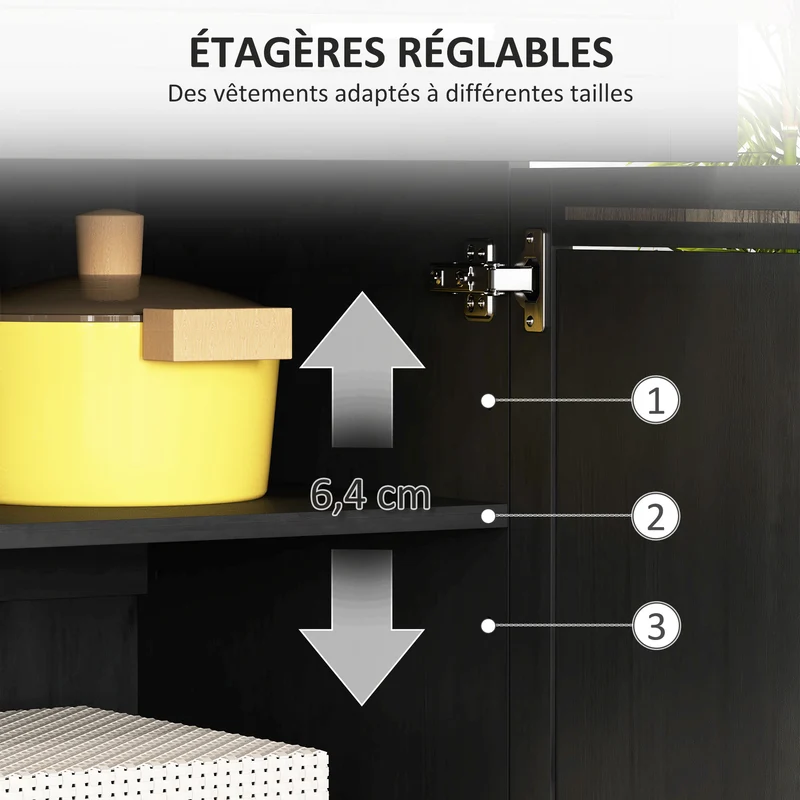 Buffet haut de cuisine 80 x 48 x 170 cm étagères réglables plan de travail spacieux style classique moderne en MDF noir 21_0002196