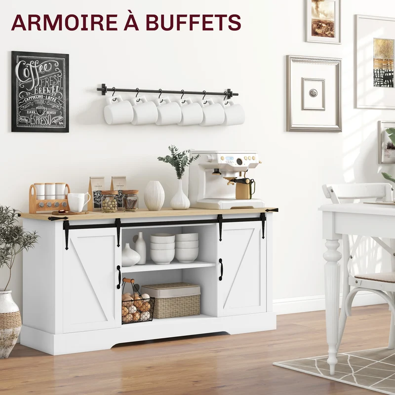 Buffet de rangement 150 x 40 x 72 cm 2 portes coulissantes étagères réglables style rustique en bois d'ingénierie blanc 21_0003170