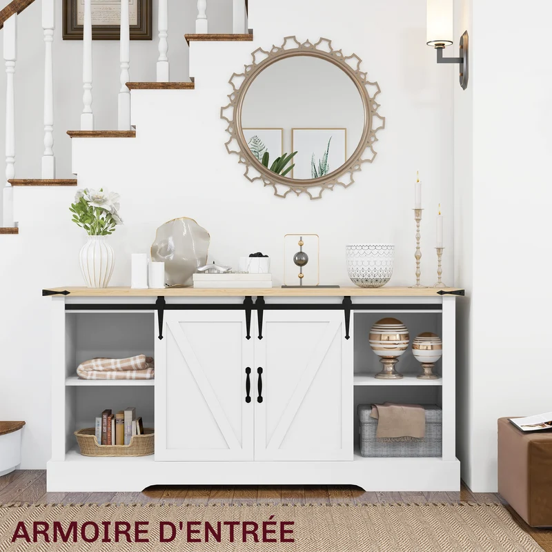 Buffet de rangement 150 x 40 x 72 cm 2 portes coulissantes étagères réglables style rustique en bois d'ingénierie blanc 21_0003170