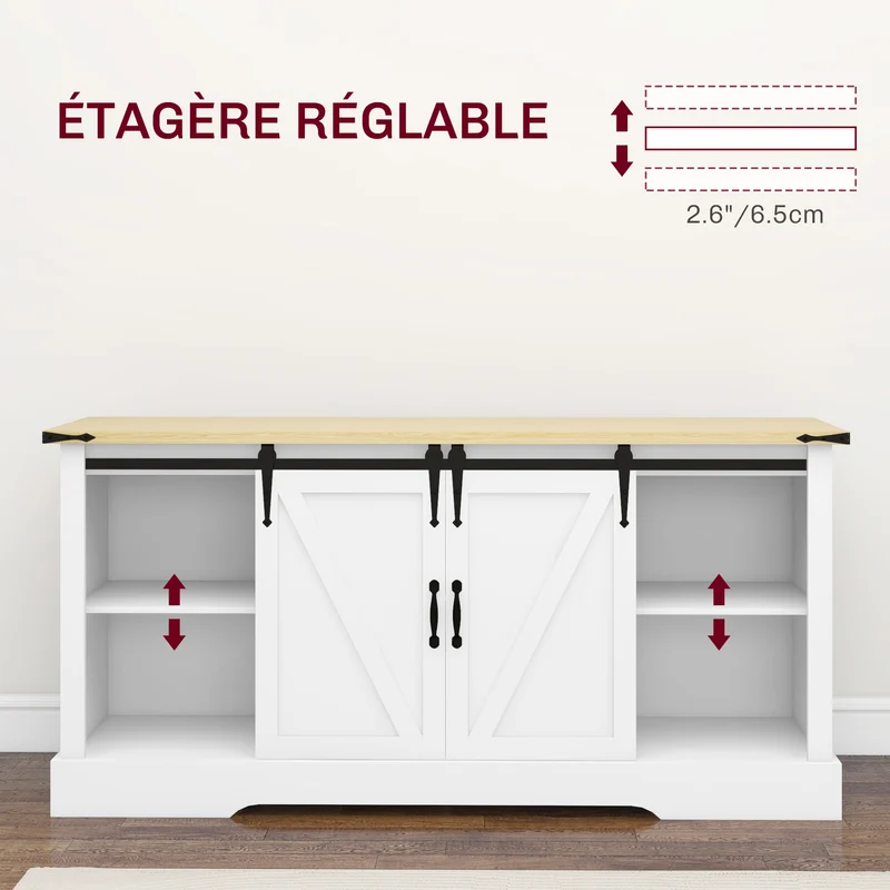 Buffet de rangement 150 x 40 x 72 cm 2 portes coulissantes étagères réglables style rustique en bois d'ingénierie blanc 21_0003170