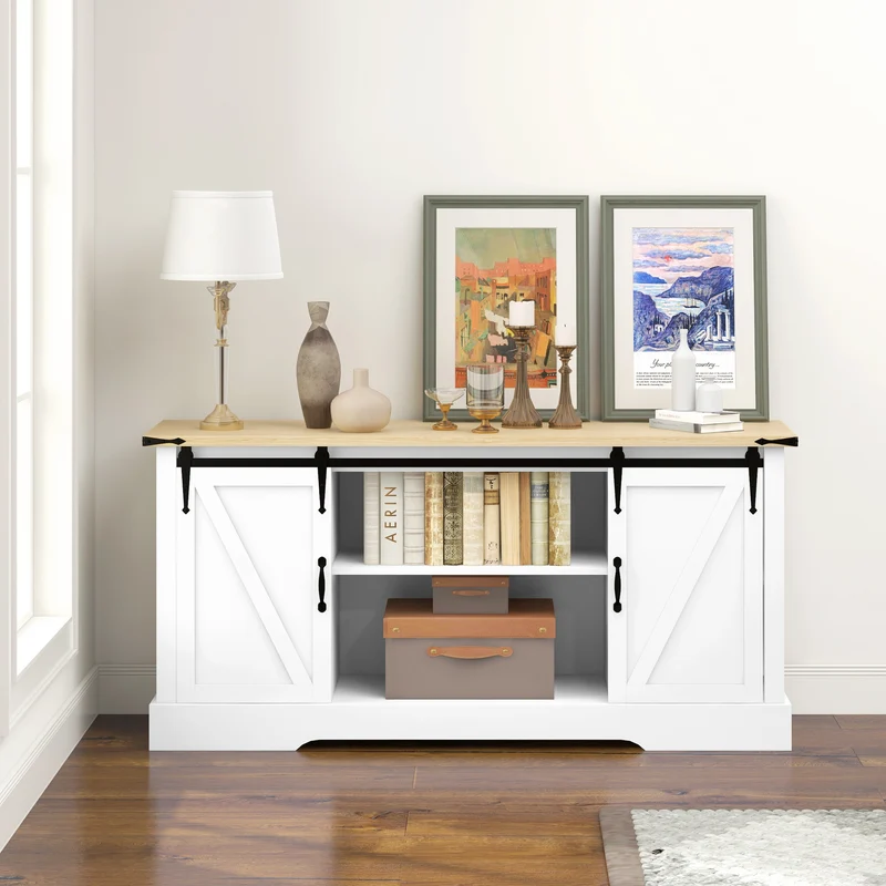 Buffet de rangement 150 x 40 x 72 cm 2 portes coulissantes étagères réglables style rustique en bois d'ingénierie blanc 21_0003170