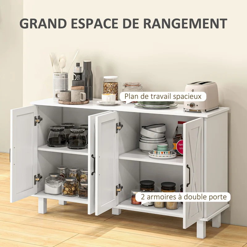 Buffet de rangement 120 x 37 x 75 cm 4 portes étagères réglables accueille télévision 55 pouces campagne en MDF blanc 21_0002920