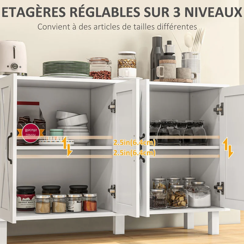 Buffet de rangement 120 x 37 x 75 cm 4 portes étagères réglables accueille télévision 55 pouces campagne en MDF blanc 21_0002920