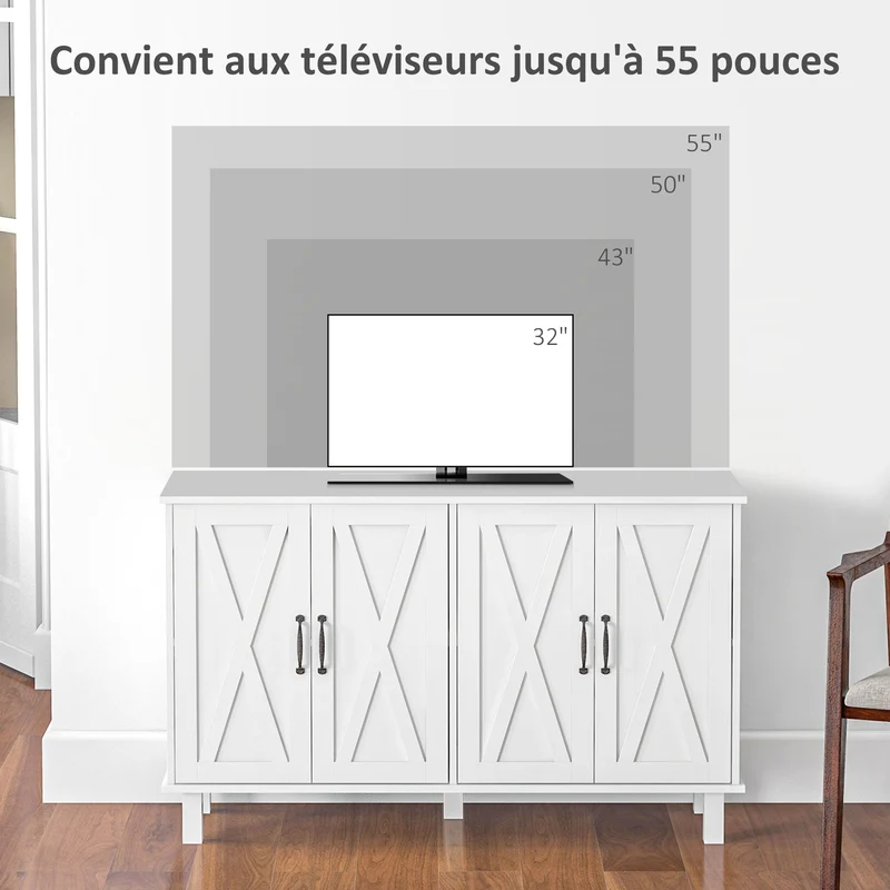 Buffet de rangement 120 x 37 x 75 cm 4 portes étagères réglables accueille télévision 55 pouces campagne en MDF blanc 21_0002920