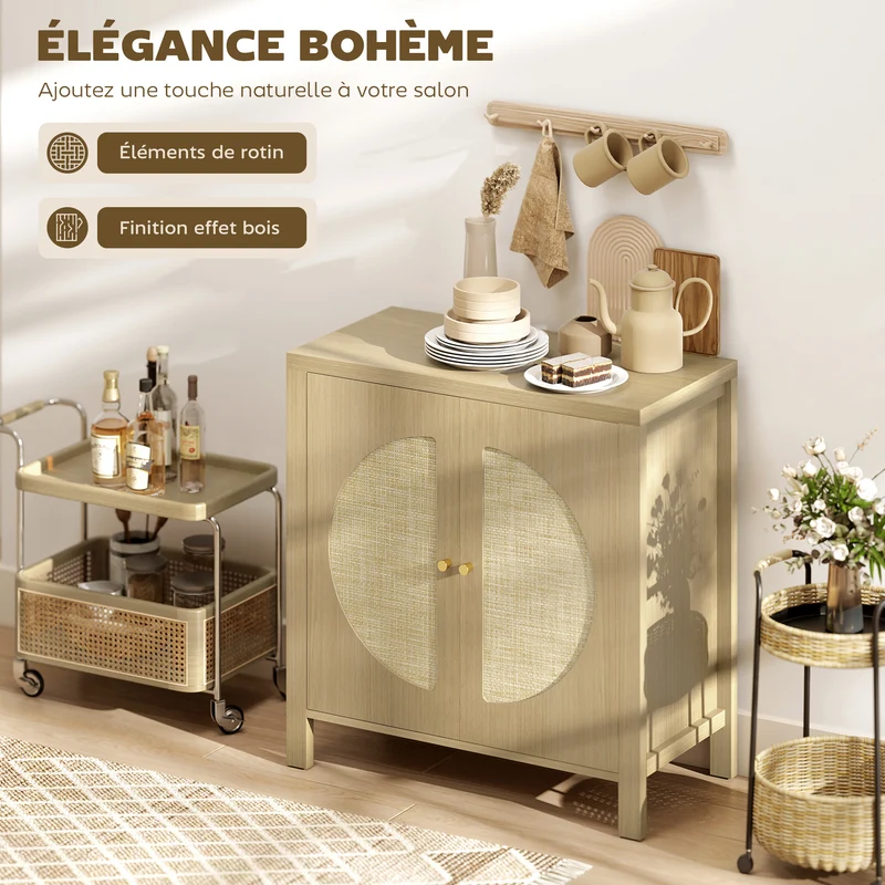 Buffet de cuisine 75 x 38 x 77 cm gain de place étagère réglable vintage bohème en panneau de particules bois naturel 21_0003326