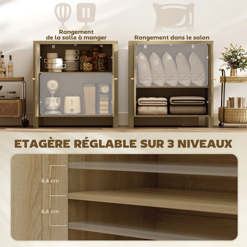 Buffet de cuisine 75 x 38 x 77 cm gain de place étagère réglable vintage bohème en panneau de particules bois naturel 21_0003326