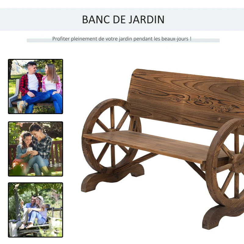 Banc de jardin 3 places 114 x 58 x 80 cm assise profonde dossier incliné style rustique vintage en bois de sapin brun 21_0004630