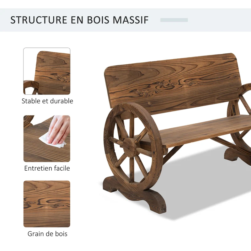 Banc de jardin 3 places 114 x 58 x 80 cm assise profonde dossier incliné style rustique vintage en bois de sapin brun 21_0004630