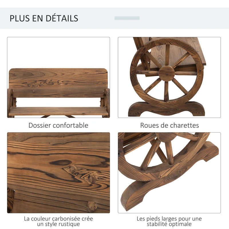 Banc de jardin 3 places 114 x 58 x 80 cm assise profonde dossier incliné style rustique vintage en bois de sapin brun 21_0004630