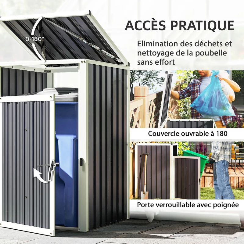 Abri pour poubelle extérieur 73 x 81 x 122 cm ventilé résistant couvercle 180° industriel en acier galvanisé gris foncé 21_0005537