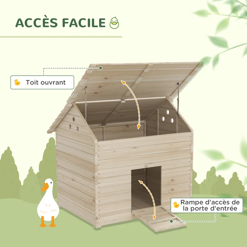 Abri pour canards jardin 100 x 82.5 x 91 cm toit ouvrant rampe d'accès base surélevée rustique extérieur en bois naturel 21_007919