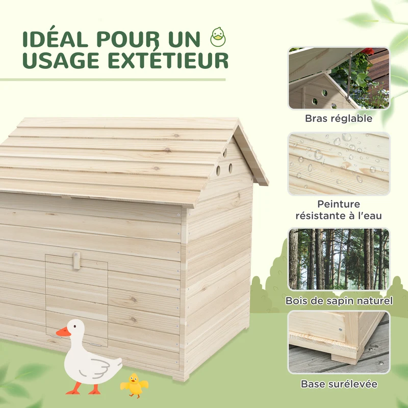 Abri pour canards jardin 100 x 82.5 x 91 cm toit ouvrant rampe d'accès base surélevée rustique extérieur en bois naturel 21_007919