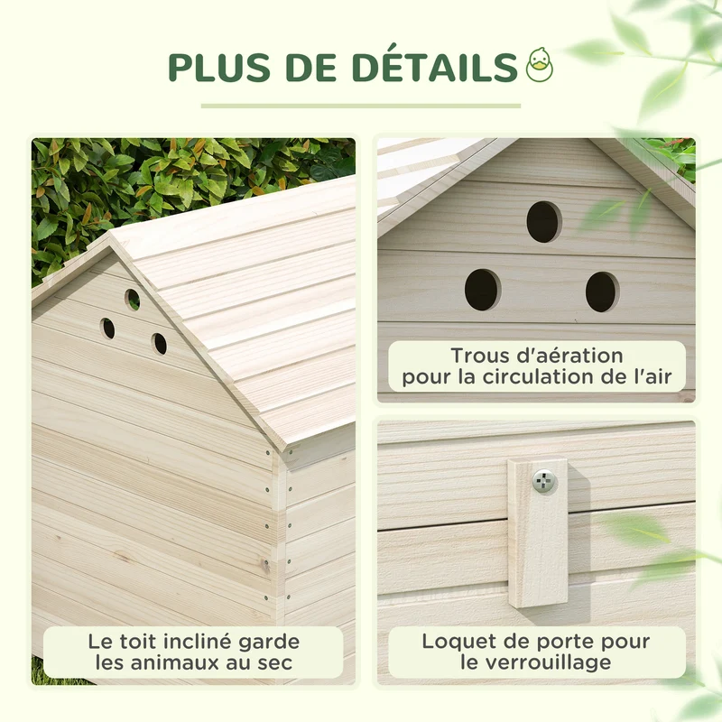 Abri pour canards jardin 100 x 82.5 x 91 cm toit ouvrant rampe d'accès base surélevée rustique extérieur en bois naturel 21_007919