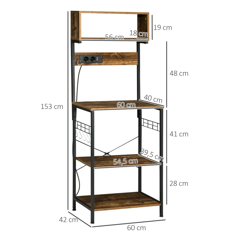 Étagère micro-ondes cuisine 60 x 42 x 153 cm prises usb intégrés étagère réglable industriel contemporain en bois marron 21_0001036