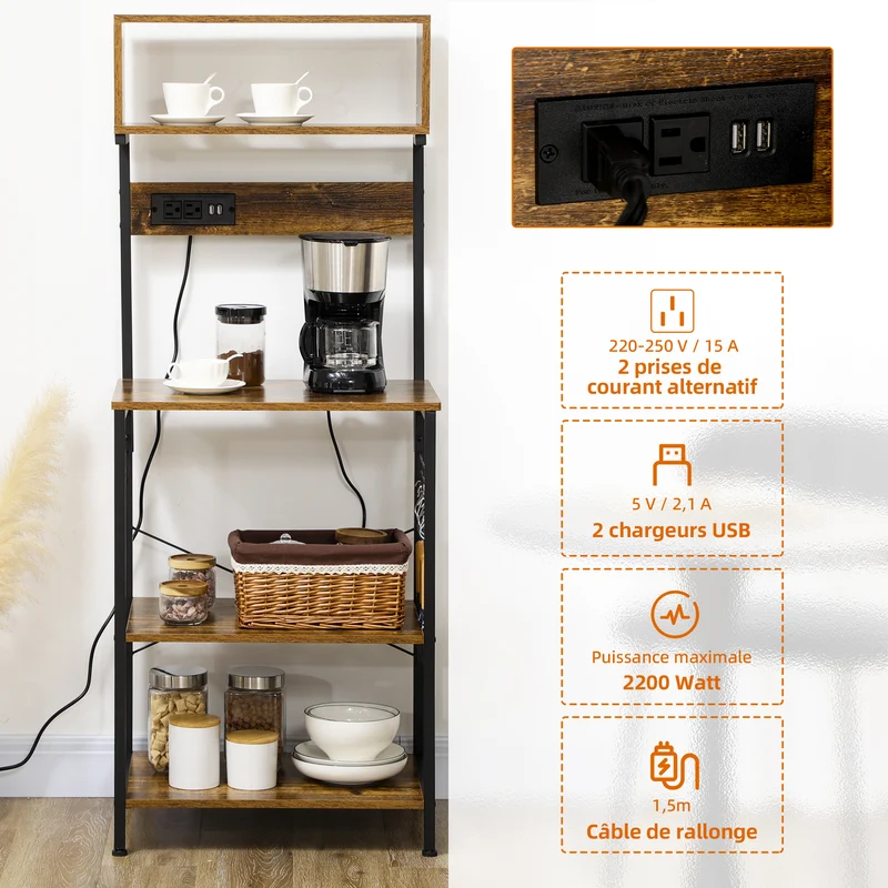 Étagère micro-ondes cuisine 60 x 42 x 153 cm prises usb intégrés étagère réglable industriel contemporain en bois marron 21_0001036
