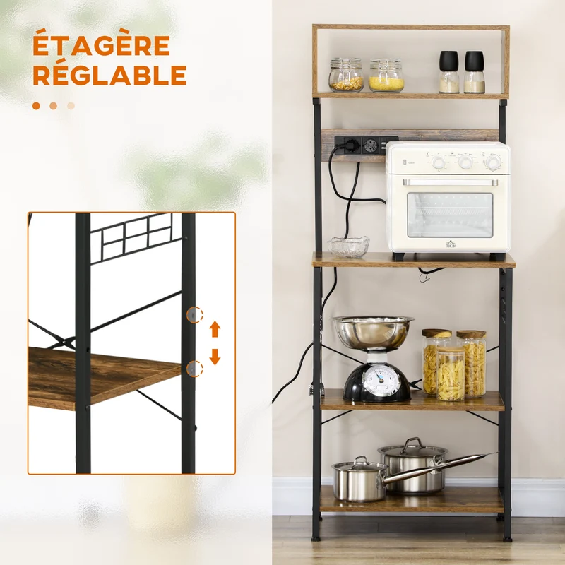 Étagère micro-ondes cuisine 60 x 42 x 153 cm prises usb intégrés étagère réglable industriel contemporain en bois marron 21_0001036