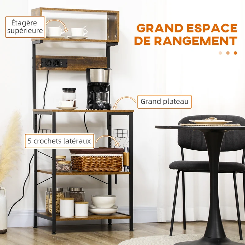 Étagère micro-ondes cuisine 60 x 42 x 153 cm prises usb intégrés étagère réglable industriel contemporain en bois marron 21_0001036