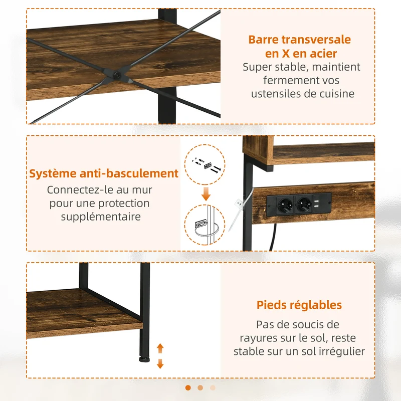 Étagère micro-ondes cuisine 60 x 42 x 153 cm prises usb intégrés étagère réglable industriel contemporain en bois marron 21_0001036