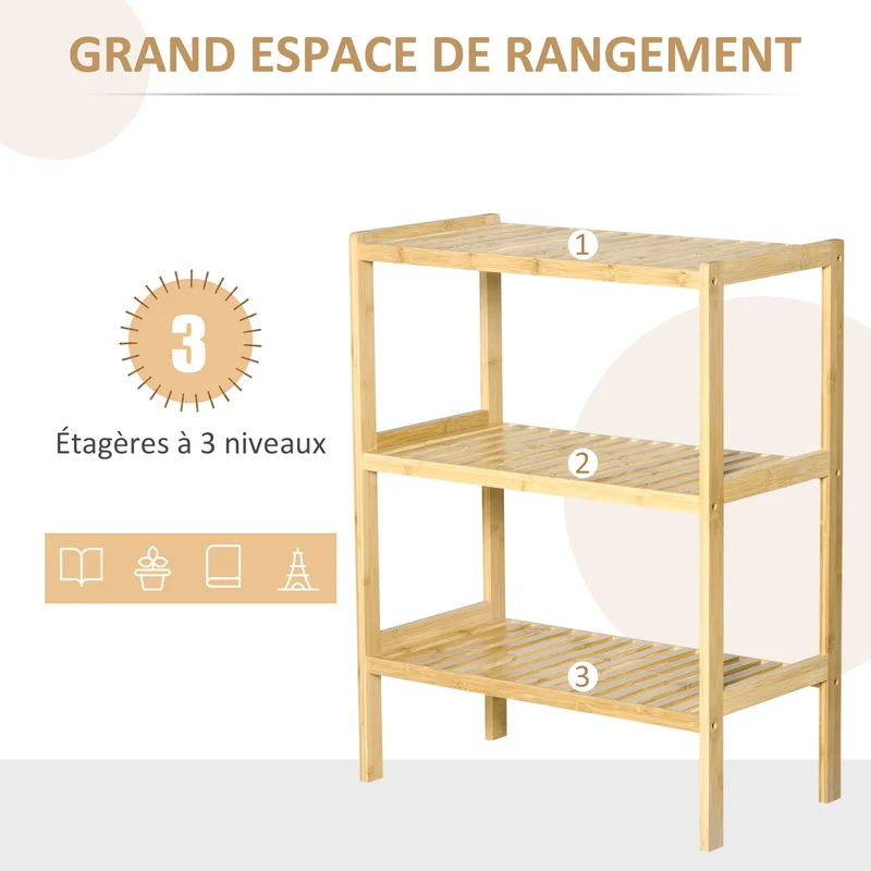 Étagère 3 niveaux salon bureau 62 x 33 x 80 cm ventilée anti basculement moderne contemporain en bambou bois naturel 21_0002866