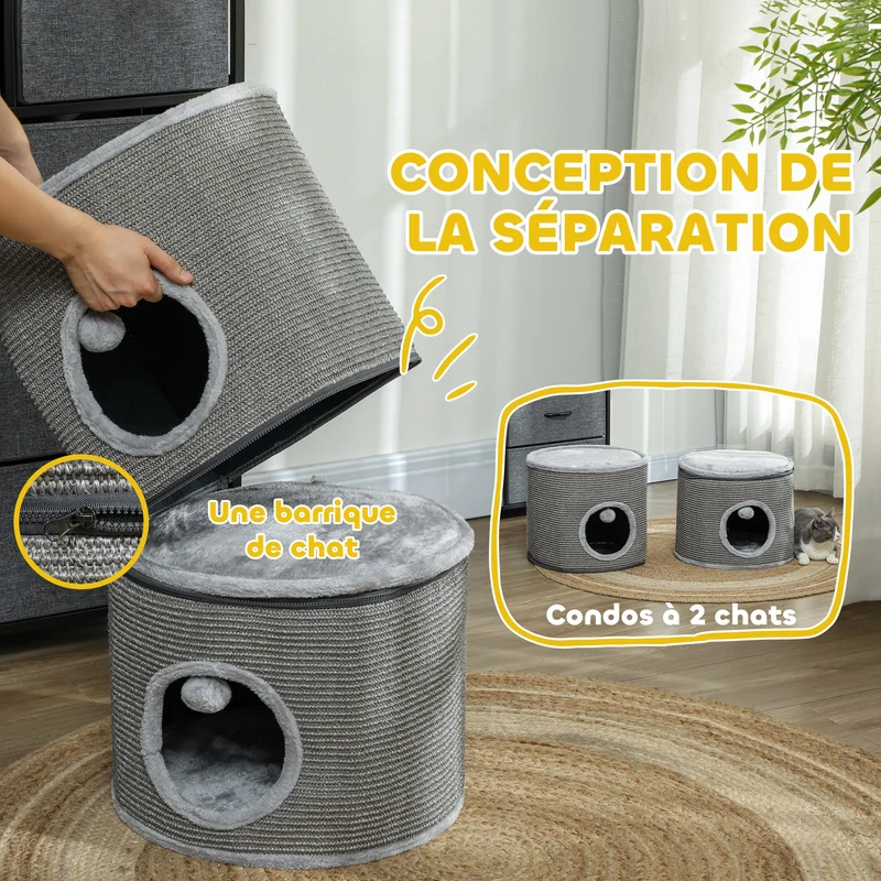 Tour pour chat modulable tonneau 42 x 69 cm 3 niveaux séparables zip jeux coussins cosy contemporain en polyester gris 21_0007715