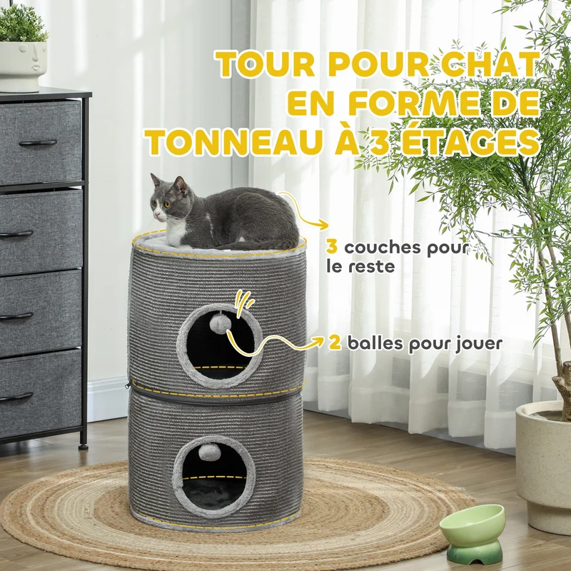 Tour pour chat modulable tonneau 42 x 69 cm 3 niveaux séparables zip jeux coussins cosy contemporain en polyester gris 21_0007715