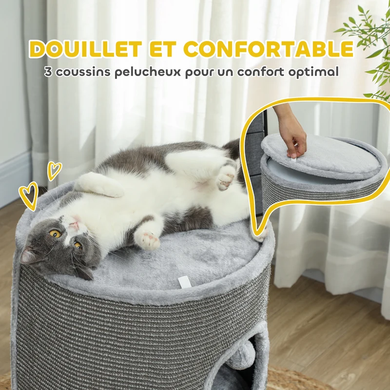 Tour pour chat modulable tonneau 42 x 69 cm 3 niveaux séparables zip jeux coussins cosy contemporain en polyester gris 21_0007715