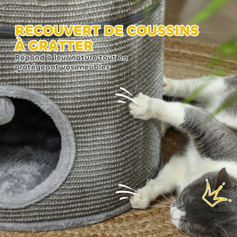 Tour pour chat modulable tonneau 42 x 69 cm 3 niveaux séparables zip jeux coussins cosy contemporain en polyester gris 21_0007715