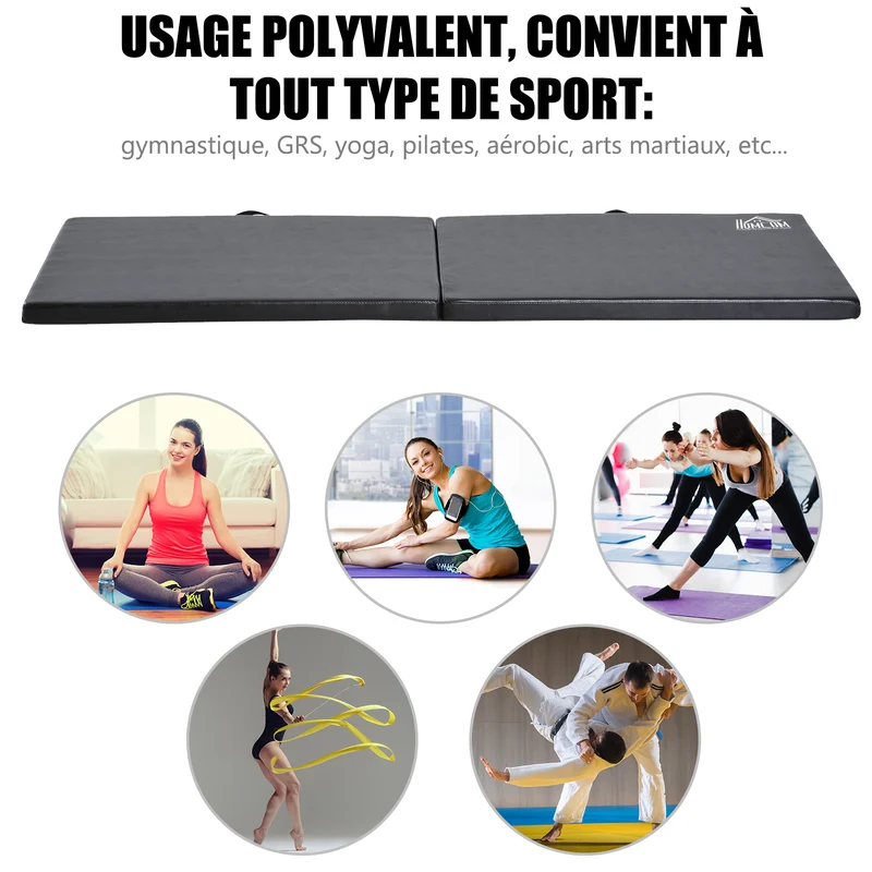 Tapis de gymnastique pliable 180 x 60 x 5 cm antidérapant amortissant à poignées moderne en revêtement synthétique noir 21_0006906