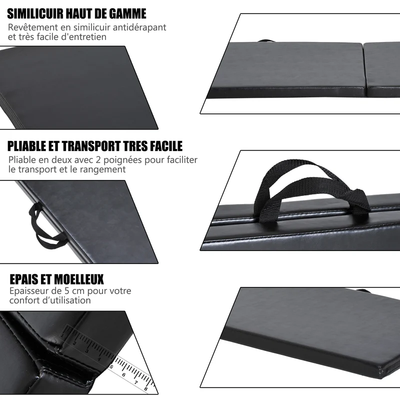 Tapis de gymnastique pliable 180 x 60 x 5 cm antidérapant amortissant à poignées moderne en revêtement synthétique noir 21_0006906