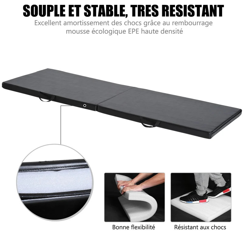 Tapis de gymnastique pliable 180 x 60 x 5 cm antidérapant amortissant à poignées moderne en revêtement synthétique noir 21_0006906